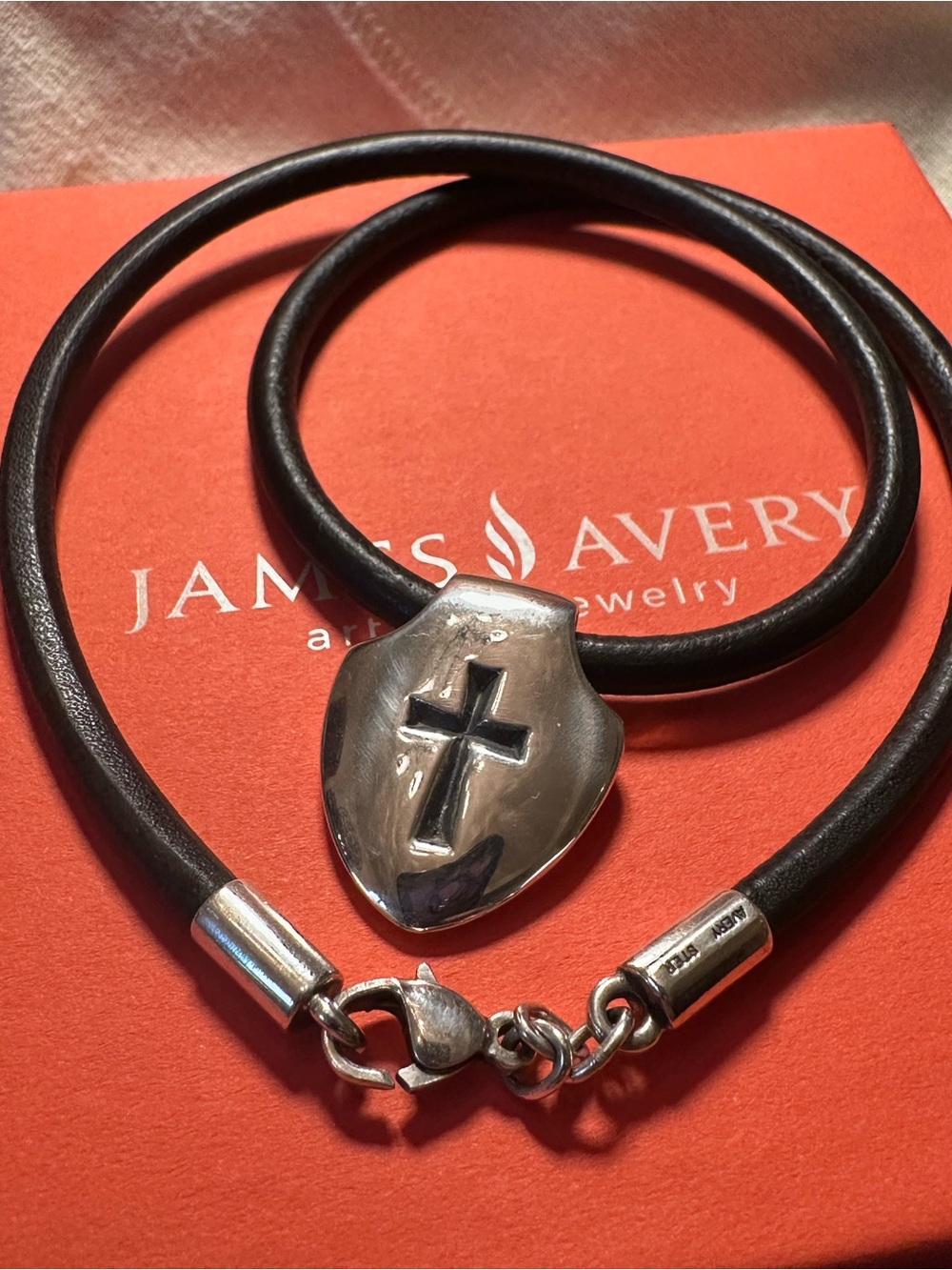 James Avery RETIRED & RARE Cross Shield W/ 17.5” Leather Cord 4mm W/ SS 925 Ends